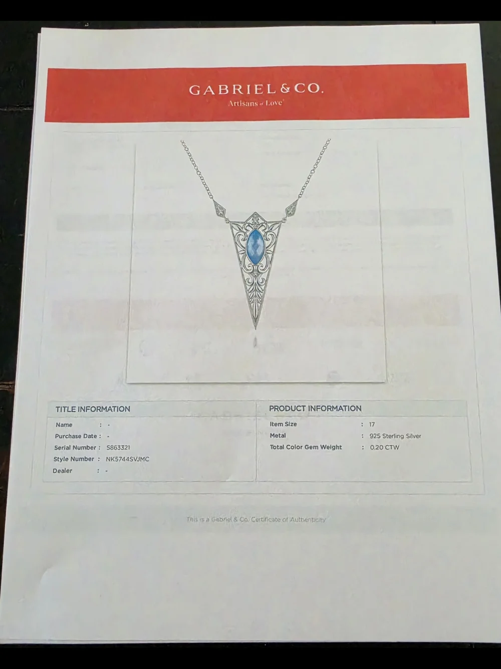 Gabriel&Co Sterling Silver Blue Marquise Gem Filigree Pendant Necklace